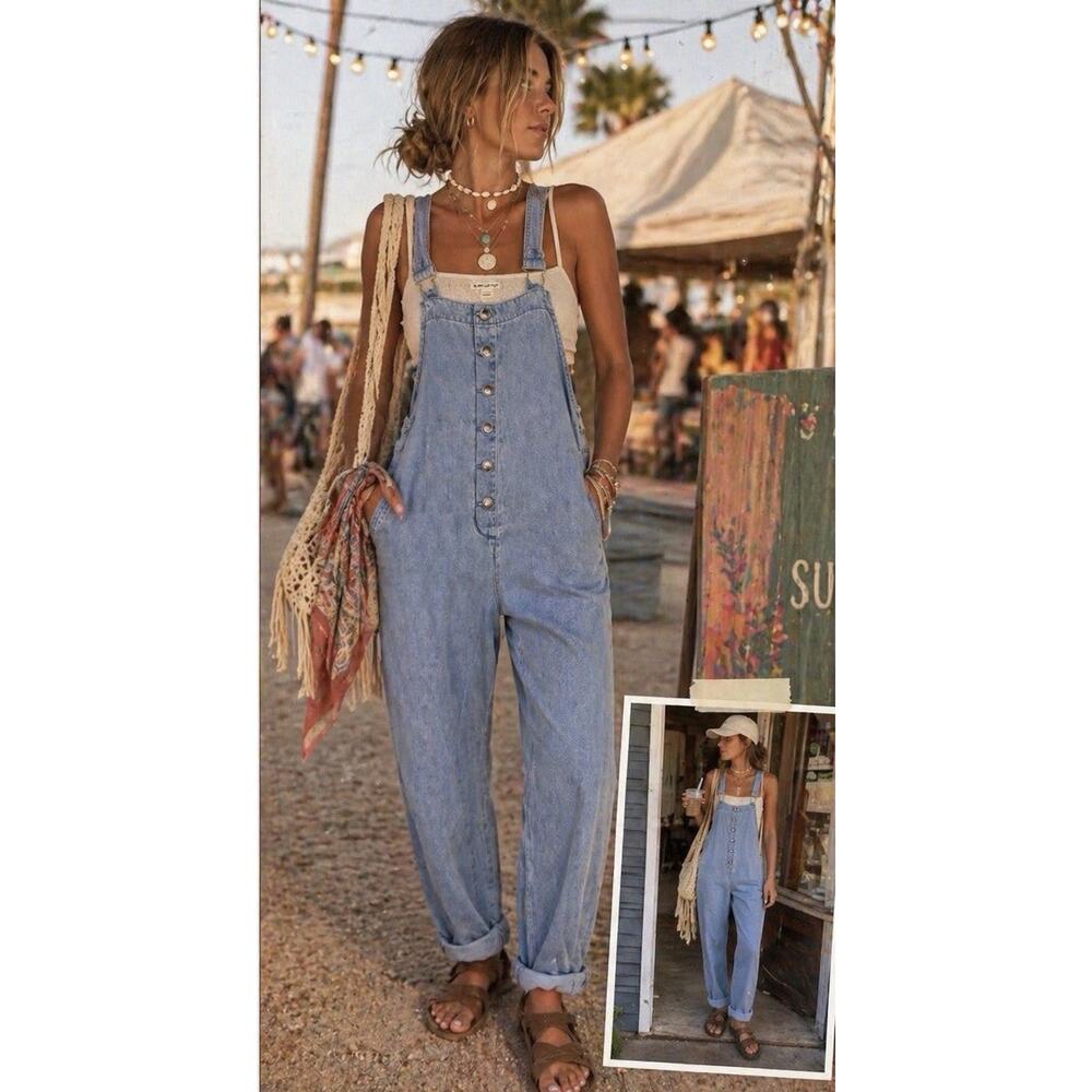Billabong Women's Sun Seeker Cuffed Overalls L Vintage Coastal, Boho Festival